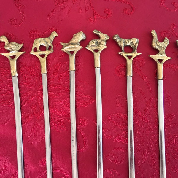 8 Brass Top Animals BBQ Shish Kebob Skewers Pig Goose Rooster Lamb Fish Duck Rabbit Bear