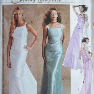 Pode incluir: Um padrão de costura McCall's intitulado "Evening Elegance" com ilustrações de vestidos de noite. Os vestidos são em branco, azul claro e lavanda. O padrão inclui um decote quadrado e uma saia longa.
