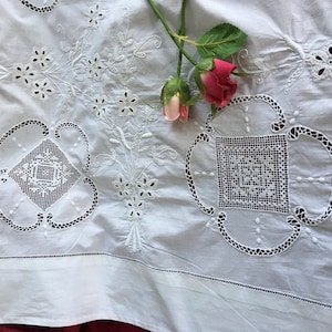 Vintage Italian Embroidered Needlework Punchwork Full Queen Bed Sheet Bed Linen