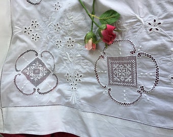 Vintage Italian Embroidered Needlework Punchwork Full Queen Bed Sheet Bed Linen