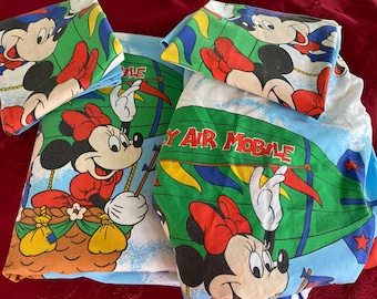 4 Piece Vtg Pacific Disney Mickey Mouse Minnie Air Mobile Balloon Goofy Donald Duck Dumbo Full Flat & Fitted Bed Sheets 2 Pillowcases Fabric