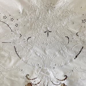 1930s Vintage Madeira Embroidered Flat Sheet: Silver Stitch Floral French Knots