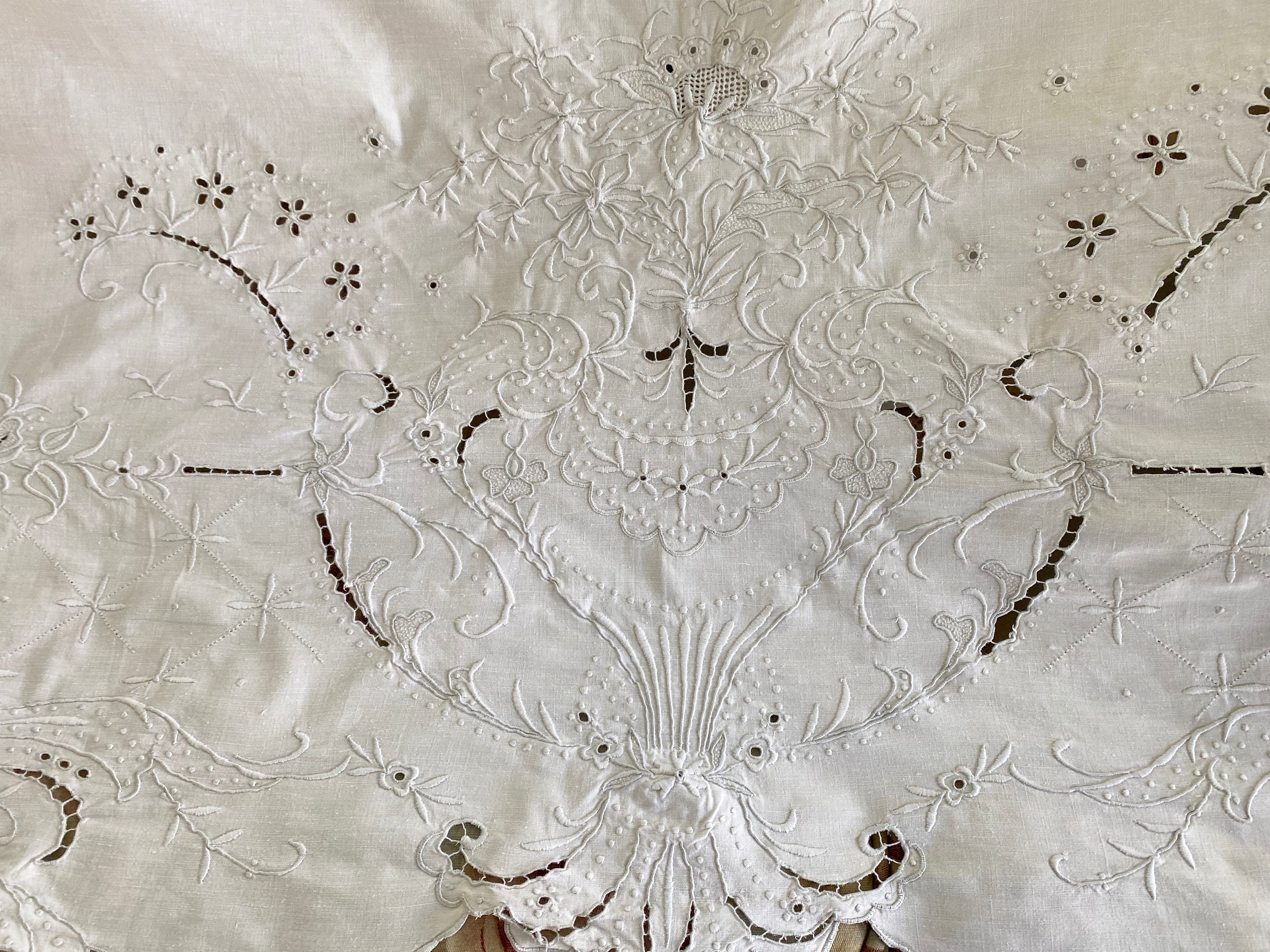 1930s Vintage Madeira Embroidered Flat Sheet: Silver Stitch Floral French Knots