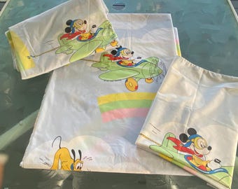 3 Piece Vintage Wamsutta Mickey Mouse Pluto Donald Duck Jiminy Cricket Pastel Rainbows Pillowcase Twin Flat & Fitted Bed Sheets Fabric
