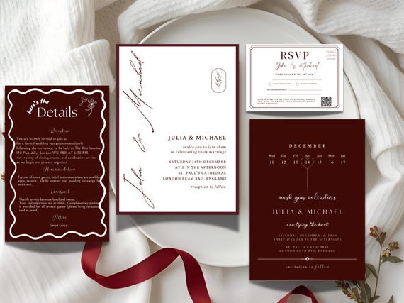Elegant Wedding Invitation Suite, Modern Minimalist Luxury Maroon Burgundy Wedding Invitation Suite, Printable, Editable, Instant Download