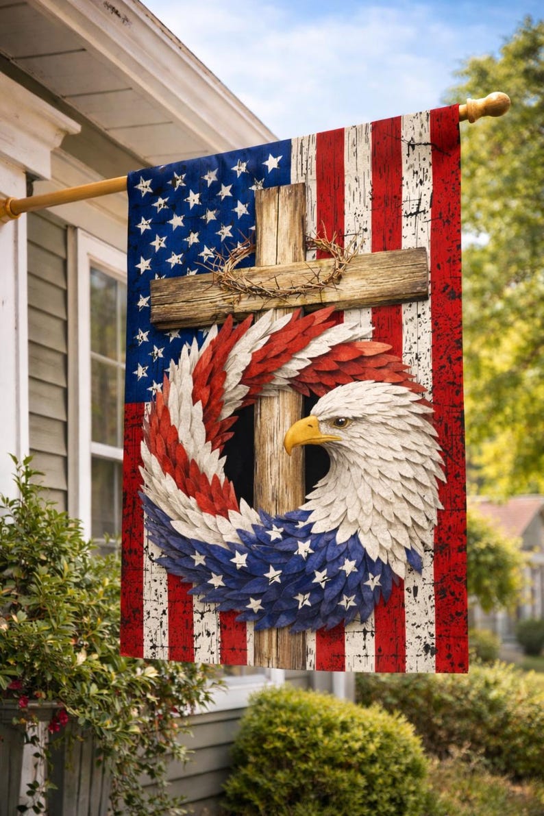Patriotic Eagle Wreath Garden Flag – Rustic Christian American Flag ...