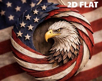 American 2D Flag Eagle Wreath, Patriotic Wooden Door Hanger, USA Pride Decor
