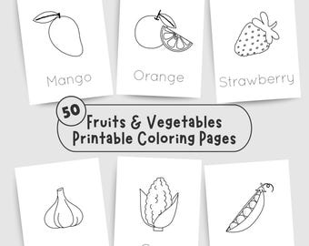 Fruits and Vegetables Coloring Book, 50 Printable Pages (Digital Download)