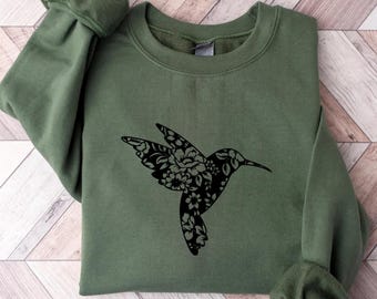 Floral Hummingbird Sweatshirt, Nature Lover Bird Hoodie, Mandala Hummingbird Sweater, Animal Lover Gift, Boho Floral Sweatshirt for Women