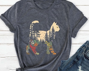 Boho Cat Lover Shirt, Nature Plants Cat Tee, Wildflower Cat Shirt, Aesthetic Cottagecore Cat T-Shirt, Christmas Gift for Mom Women