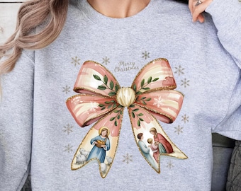 Retro Christmas Christian Sweatshirt, Jesus Coquette Bow Hoodie, Women Faith Sweater, Religious Christmas Gift for Grandma, Religious Hoodie