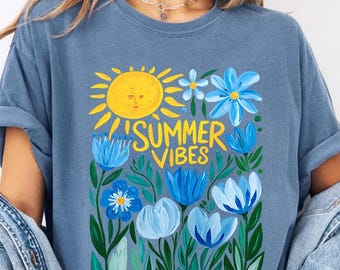 Comfort Colors® Summer Vibes T-shirt, Floral Summer Shirt, Distressed Beach Tee, Sunshine Shirt, Pastel Summer Shirt, Beach Vacation Shirt