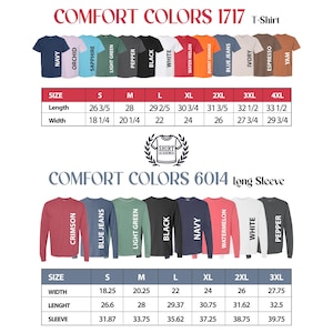 May include: A product image showcasing a variety of Comfort Colors t-shirts and long-sleeve shirts in various colors, including navy, black, and white. Size charts are included, with measurements in inches for length, width, and sleeve length.