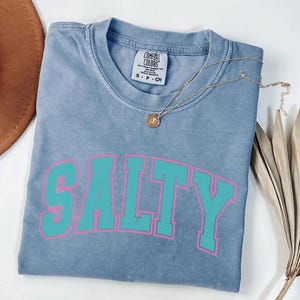 May include: A blue Comfort Colors t-shirt with the word "SALTY" in large, teal letters outlined in pink. A gold necklace with a pendant rests on the shirt. The shirt is folded and displayed with a brown hat and dried plant.