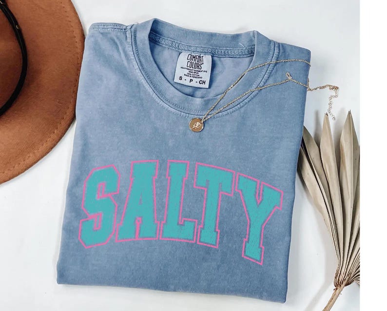 May include: A blue Comfort Colors t-shirt with the word "SALTY" in large, teal letters outlined in pink. A gold necklace with a pendant rests on the shirt. The shirt is folded and displayed with a brown hat and dried plant.