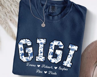 Comfort Colors® Custom Gigi Shirt With Kids Names Shirt, Blue Floral Gigi Shirt, Gift for Gigi, New Nana Announcement, Mimi Shirt