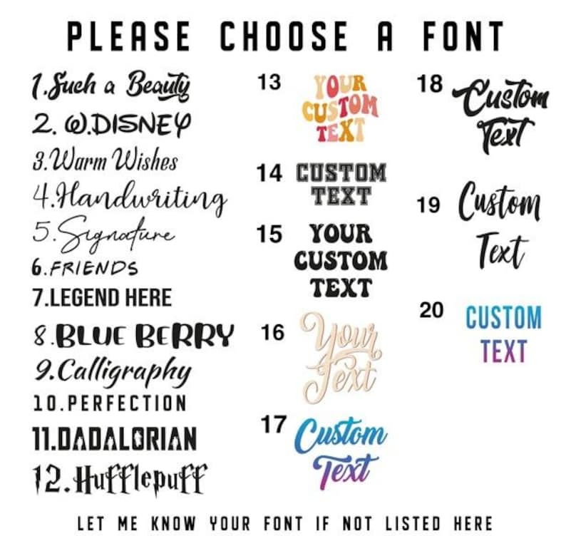 Pu&ograve; includere: Una tabella di selezione dei caratteri con venti stili numerati in testo nero su sfondo bianco. L'elenco include varie opzioni tipografiche che spaziano dalla scrittura e calligrafia agli stili di testo in grassetto, blocco e decorativi.