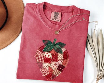 Comfort Colors® Faux Patchwork Strawberry Shirt: Cottagecore Fruit Tshirt, Summer Strawberry Tee