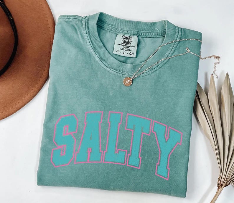 May include: A teal Comfort Colors t-shirt with the word "SALTY" in large, turquoise block letters outlined in pink. A gold necklace with a pendant rests on the shirt. A brown hat and dried plant are in the background.