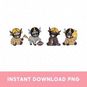 May include: Four cartoon Highland cows wearing football helmets. Each cow is a different color: tan, gray, brown, and tan. One cow holds a flag, two hold footballs, and one holds a foam finger. The helmets are black and yellow.