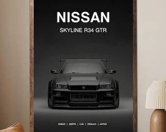 Poster auto Nissan Skyline R34 GTR nera senza cornice, stampa artistica da parete auto JDM, regalo auto sportiva giapponese, decorazione per caverne maschili, stampa automobilistica