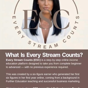 Puede incluir: Imagen de una mujer con blazer blanco con el texto "Every Stream Counts" y "ESC" en un diseño circular. Debajo, el texto describe una plataforma de educación de ingresos en línea para principiantes y avanzados.