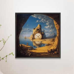 Puede incluir: Una obra de arte enmarcada que representa un paisaje surrealista con un gran reloj como elemento central. El reloj está incrustado en una formación rocosa en una playa arenosa, con una masa de agua y veleros en el fondo. El cielo es azul con nubes.