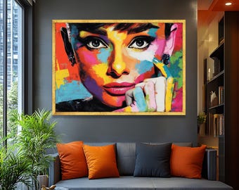 Lienzo con retrato de Audrey Hepburn, arte pop abstracto, toques de color intensos