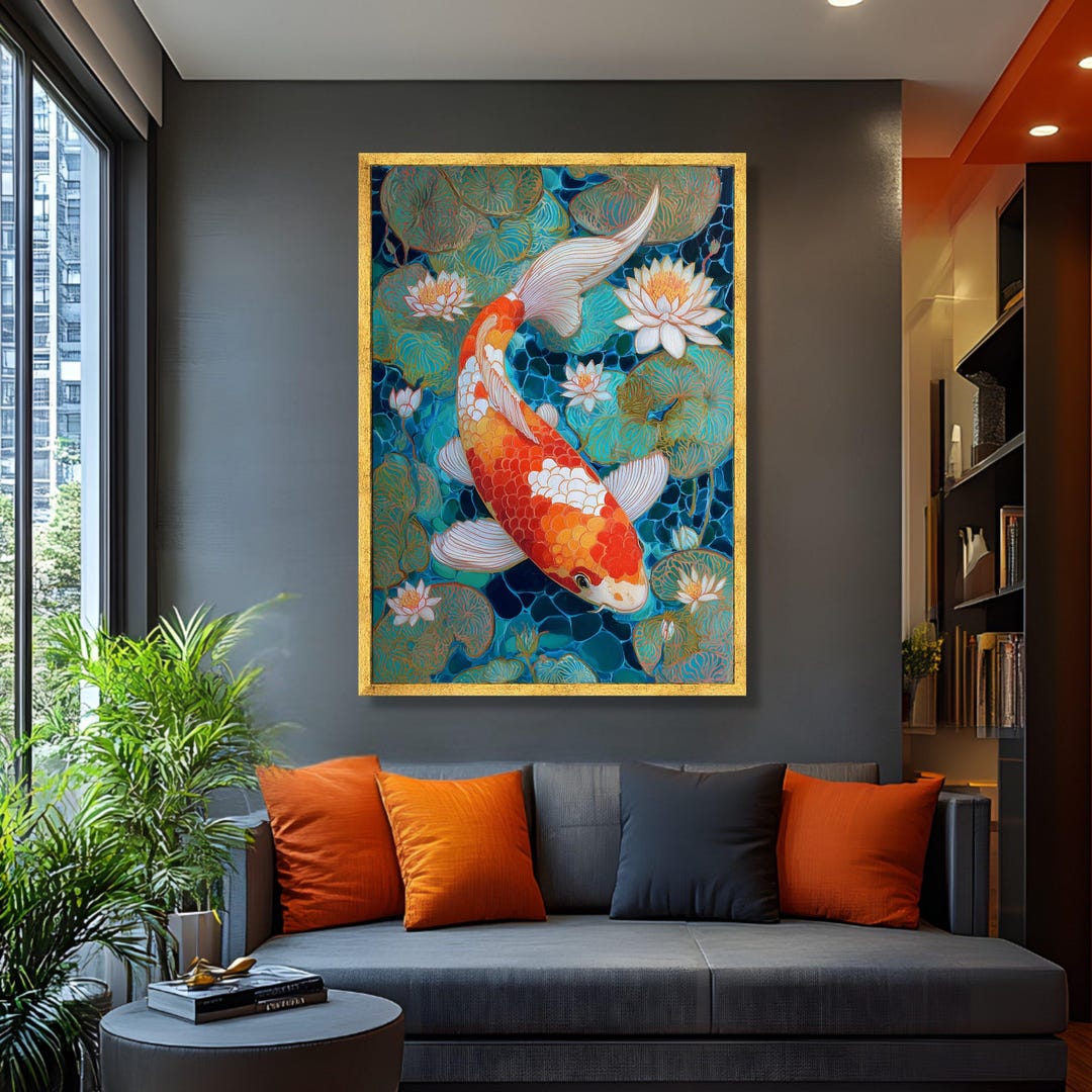 Koi Fish Canvas, Water Lily Pond, Japanese Wall Art, Ready to Hang - Etsy