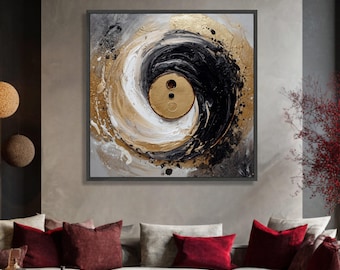 Abstract Yin Yang Canvas Art, Black Gold Swirl, Modern Zen Decor