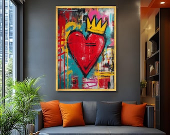 Red Heart Crown Graffiti Canvas, Modern Urban Wall Art