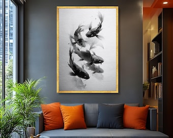 Schwarzweiss-Koi Fisch Leinwand, japanische Tuschemalerei, Zen-Wandkunst
