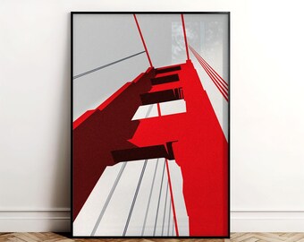 Golden Gate Bridge Print – Modern Red Gray Geometric Art (PDF)