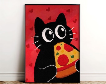 Arte mural de gato comiendo pizza - Descarga digital