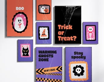 Retro Halloween Print Set | Spooky Ghost, Cat & Witch Decor (Digital Download)