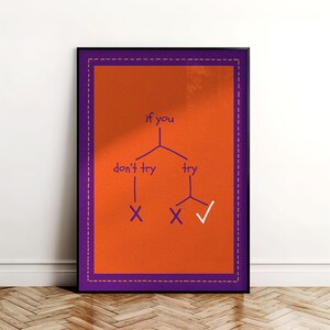 May include: Framed art print with an orange background and a purple border. The print features a flowchart with the text "if you" at the top, branching into "don't try" and "try". The "don't try" branch has an X, while the "try" branch has a checkmark.