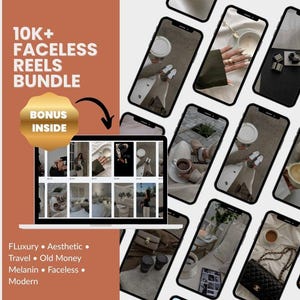 Puede incluir: Un paquete de marketing digital con una computadora portátil que muestra una cuadrícula de imágenes de estilo de vida y varias pantallas de teléfonos inteligentes con fotos estéticas. El texto dice 10K+ FACELESS REELS BUNDLE, BONUS INSIDE y enumera categorías.