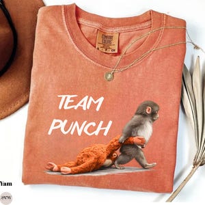 May include: Coral-colored t-shirt with the words "TEAM PUNCH" in white block letters. The shirt features a graphic of two monkeys, one pulling the other. A gold necklace with a pendant is draped on the shirt.