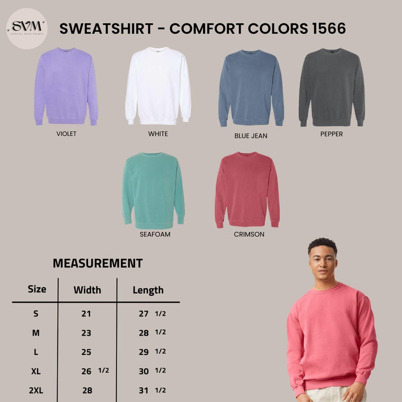 May include: A selection of Comfort Colors 1566 sweatshirts in various colors, including violet, white, blue jean, pepper, seafoam, and crimson. Measurements are provided for sizes S to 2XL, with widths ranging from 21 to 28 inches and lengths from 27 1/2 to 31 1/2 inches.