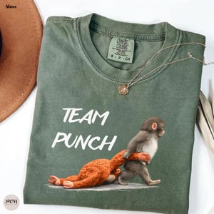 May include: Green Comfort Colors t-shirt with the words "TEAM PUNCH" in white. The shirt features a graphic of two monkeys, one pulling the other. A silver necklace with a pendant is draped on the shirt.