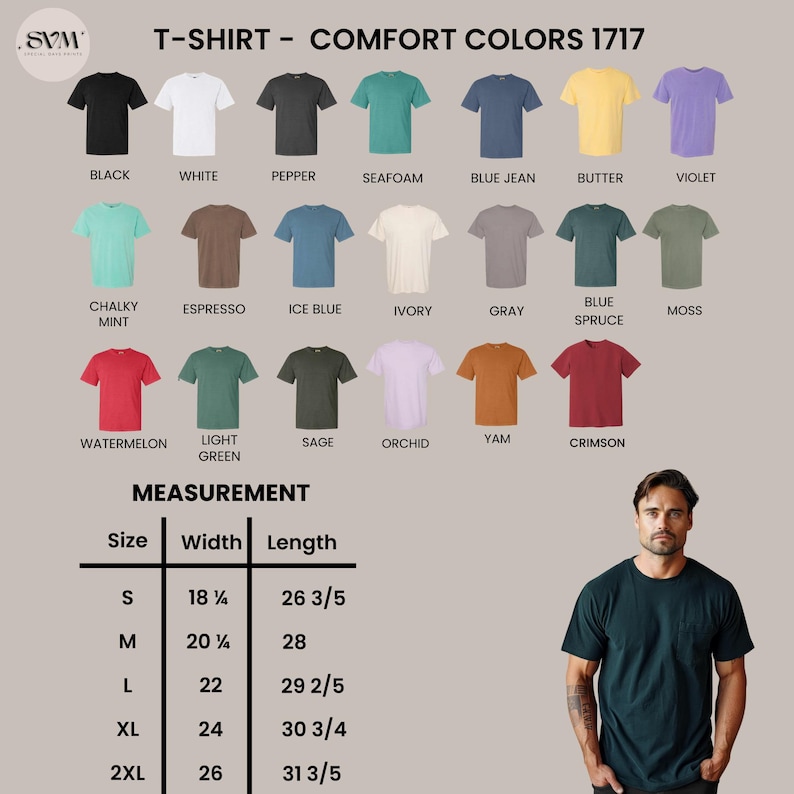 May include: A product image showcasing a variety of Comfort Colors 1717 t-shirts in various colors, including black, white, and blue jean. The image also displays size measurements, with a small shirt having an 18 1/4-inch width and a 26 3/5-inch length.
