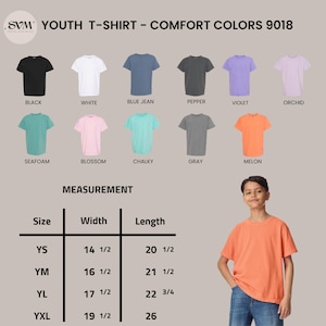 May include: A youth t-shirt in melon color is modeled. The image displays various t-shirt colors: black, white, blue jean, pepper, violet, orchid, seafoam, blossom, chalky, and gray. Measurement details are also provided, with widths ranging from 14 1/2 to 19 1/2 inches.