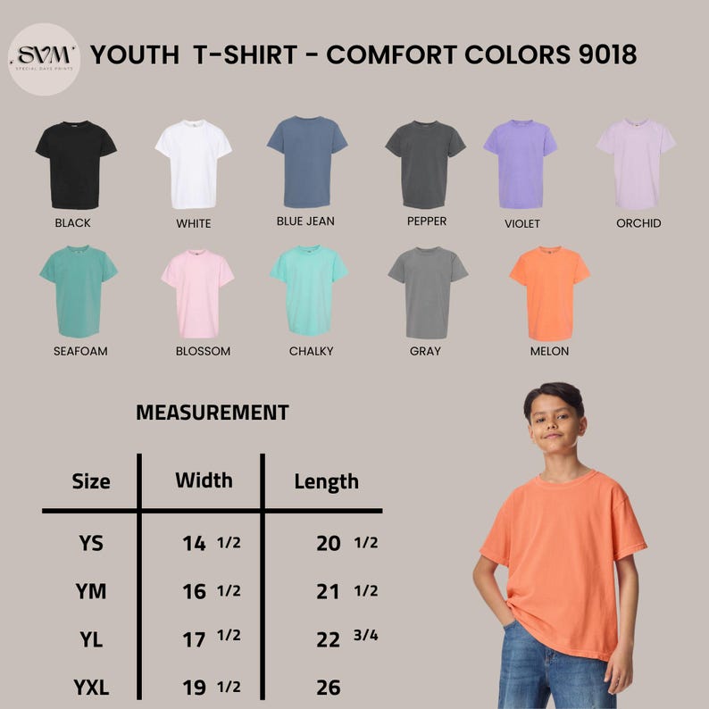 May include: A youth t-shirt in melon color is modeled. The image displays various t-shirt colors: black, white, blue jean, pepper, violet, orchid, seafoam, blossom, chalky, and gray. Measurement details are also provided, with widths ranging from 14 1/2 to 19 1/2 inches.