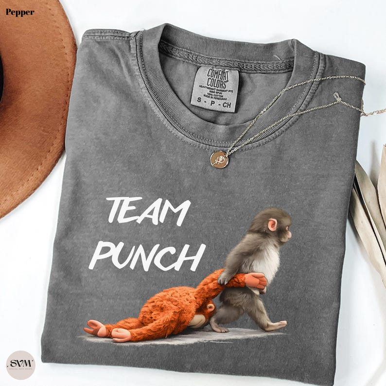 May include: A gray Comfort Colors t-shirt with the words "TEAM PUNCH" in white. The shirt features a graphic of two monkeys, one orange and one gray, in a playful pose. A silver necklace with a pendant is draped on the shirt.