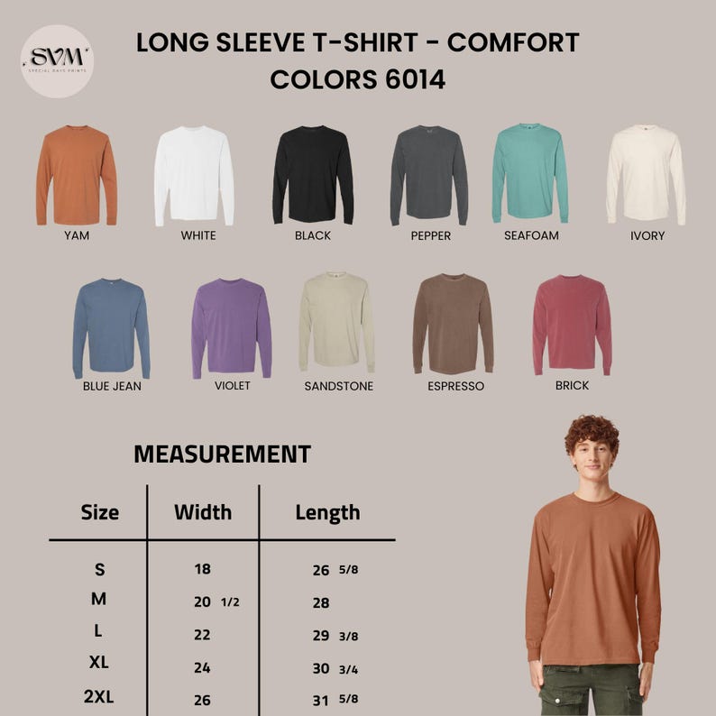 May include: A display of long-sleeve comfort t-shirts in various colors, including yam, white, black, pepper, seafoam, ivory, blue jean, violet, sandstone, espresso, and brick. The image also includes a size chart with measurements in inches.