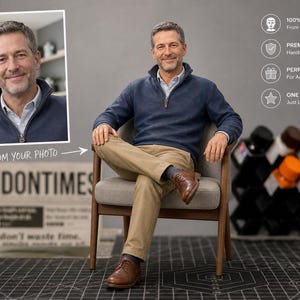 May include: A man in a navy blue sweater and khaki pants sits in a chair. The image includes a framed photo and text that reads "FROM YOUR PHOTO" and "LONDONTIMES". Additional text highlights custom and premium quality.