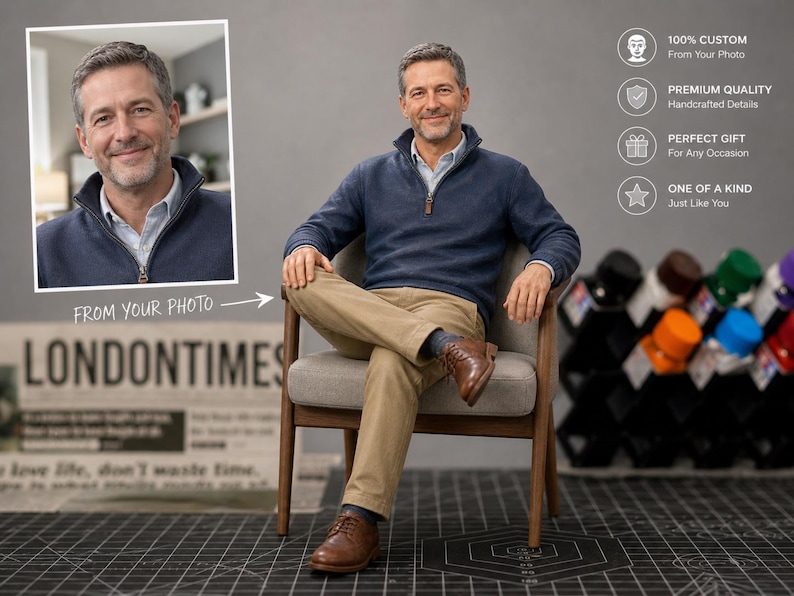 May include: A man in a navy blue sweater and khaki pants sits in a chair. The image includes a framed photo and text that reads "FROM YOUR PHOTO" and "LONDONTIMES". Additional text highlights custom and premium quality.