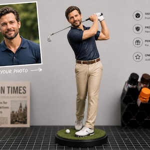 May include: A figurine of a golfer in a navy blue polo shirt and khaki pants, mid-swing with a golf club. The figure stands on a green base with a golf ball. The image includes a photo of a man and text that reads "FROM YOUR PHOTO".
