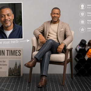 May include: A custom-made figurine of a man seated in a chair, wearing a blazer, sweater, and jeans. The image includes a framed photo labeled "FROM YOUR PHOTO" and a newspaper with the headline "LONDON TIMES."