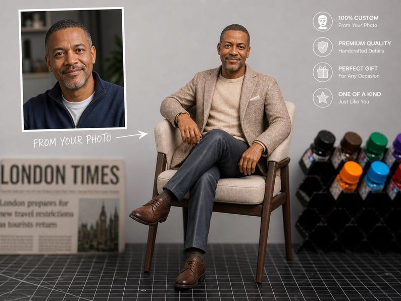 May include: A custom-made figurine of a man seated in a chair, wearing a blazer, sweater, and jeans. The image includes a framed photo labeled "FROM YOUR PHOTO" and a newspaper with the headline "LONDON TIMES."